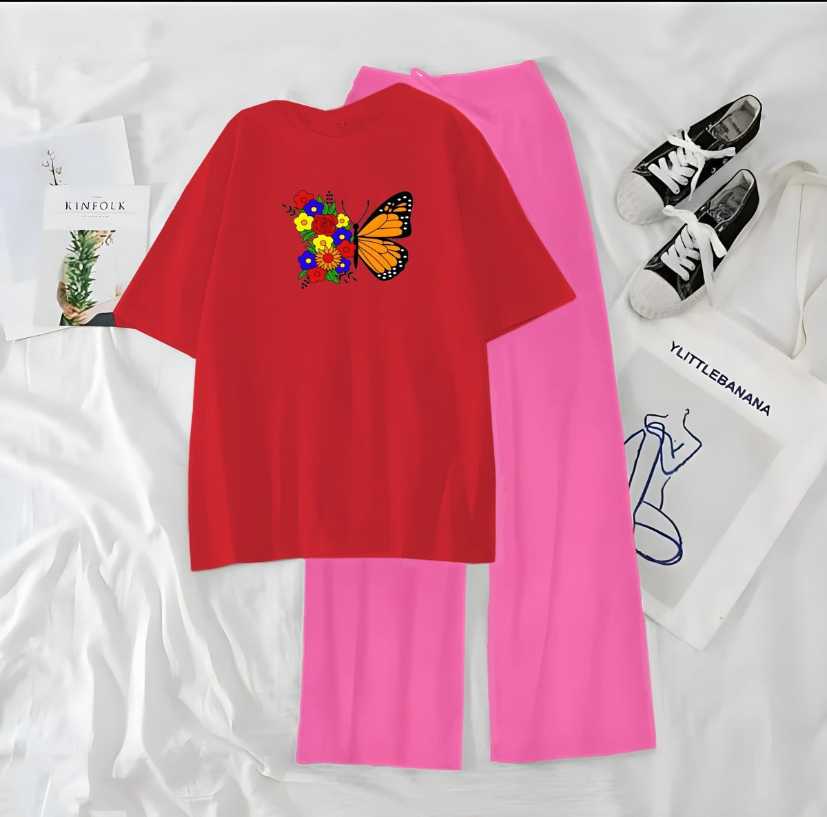 Women’s Graphic Print T-Shirt & Wide Leg Palazzo Lounge Set – Soft Casual Co-Ord Nightwear