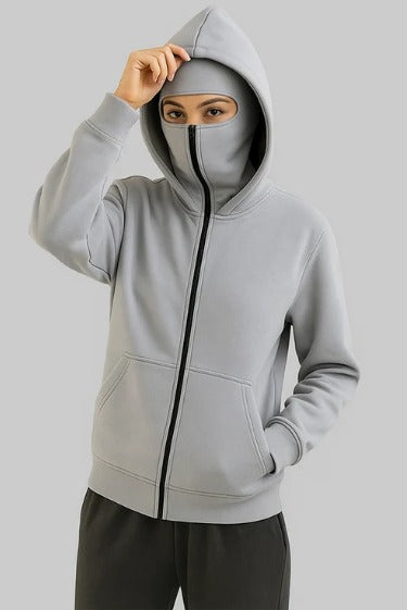 Grey Balaclava Ninja Zipper Hoodie Jacket For Women