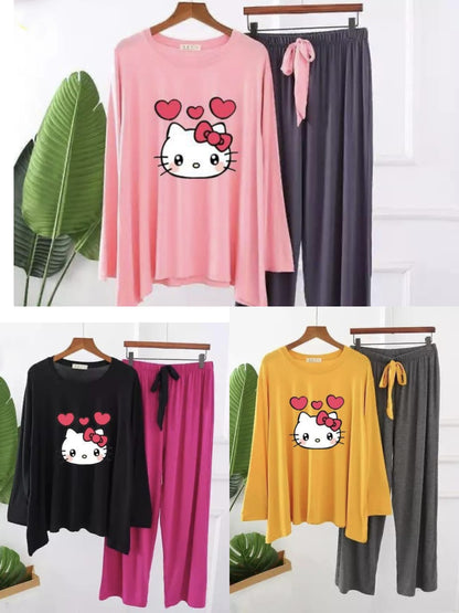 Premium Kitty Print Long Wear Full Sleeves Panama Set for Women