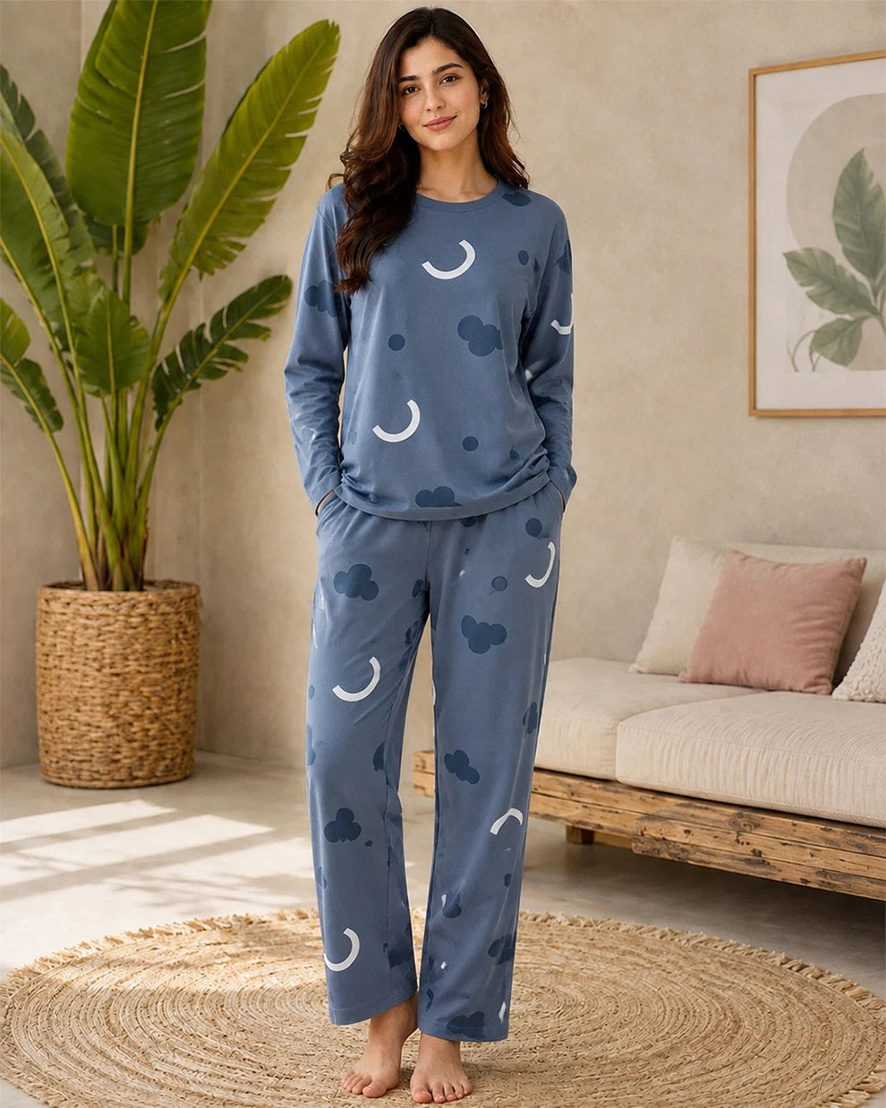 Blue Cloud Printed Full Sleeves Dress