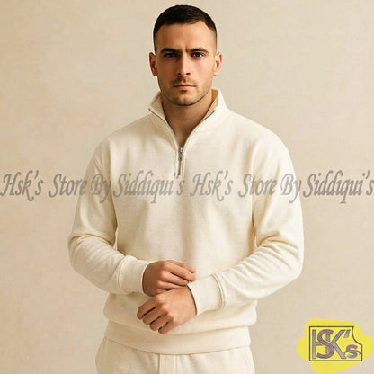 Men's Off-White Half-Zip Sweatshirt – Warm Fleece Pullover Casual Winter Top