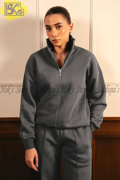 Women’s Charcoal Half-Zip Sweatshirt – Warm Fleece Pullover Casual Winter Top