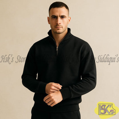 Men's Black Half-Zip Sweatshirt – Warm Fleece Pullover Casual Winter Top