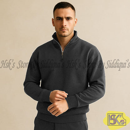 Men's Charcoal Half-Zip Sweatshirt – Warm Fleece Pullover Casual Winter Top