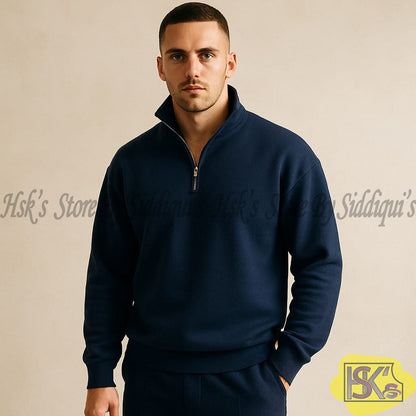 Men's Navy Blue Half-Zip Sweatshirt – Warm Fleece Pullover Casual Winter Top