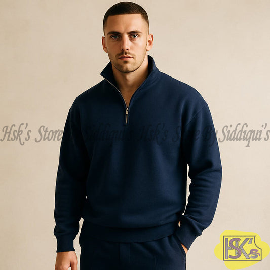 Men's Navy Blue Half-Zip Sweatshirt – Warm Fleece Pullover Casual Winter Top