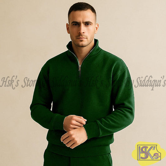 Men's Olive Green Half-Zip Sweatshirt – Warm Fleece Pullover Casual Winter Top