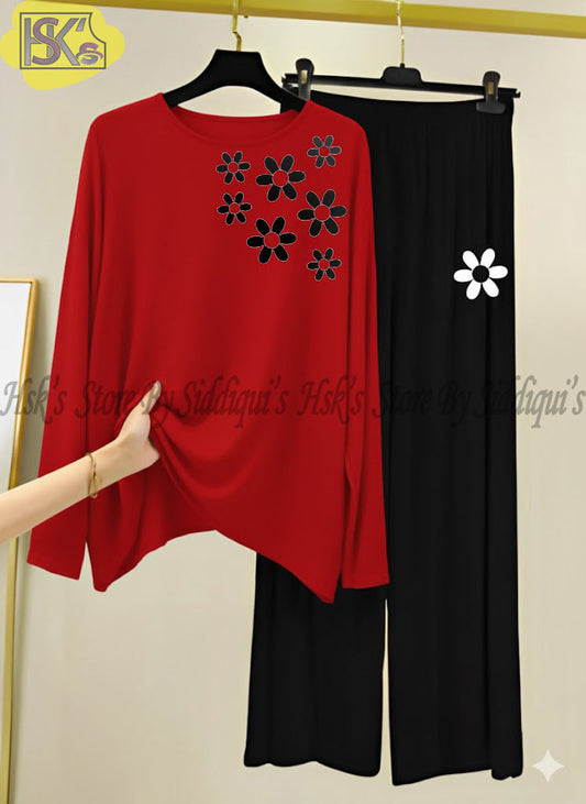 Red  Floral Printed  Full Sleeves Night Suit with Black Trousers
