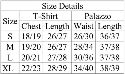 Size chart for T-shirt and palazzo pants with measurements in centimeters.