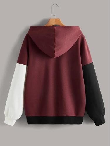 Maroon Black and White Cut and Sew Kangaroo Hoodie