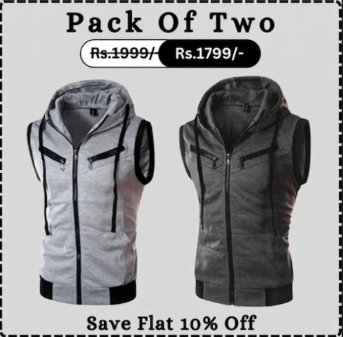 Grey With Charcoal Sleeveless Hooded Zipper Pack Of Two