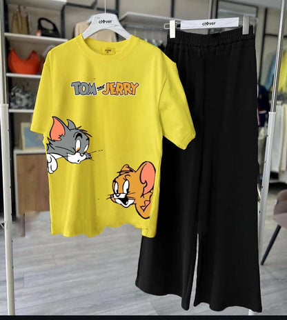 Yellow Tom and Jerry Cute Cartoon Printed Two Piece Dress Night Wear & Casual Wear