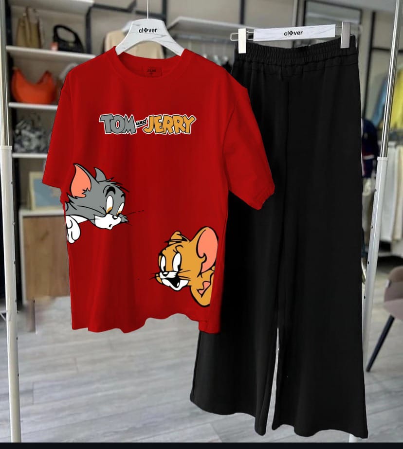 Red Tom and Jerry Cute Cartoon Printed Two Piece Dress for Adults and Kids