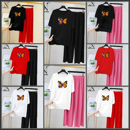 Women’s Graphic Print T-Shirt &amp; Wide Leg Palazzo Lounge Set – Soft Casual Co-Ord Nightwear