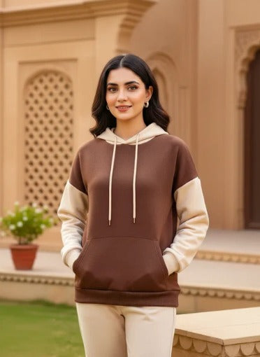 Brown With Cream Basic Hoodie For Women