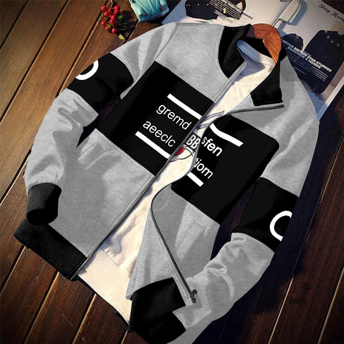 Grey Black Full Zip-up winter Fleece Fabric Jacket Upper