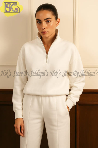 Women’s White Half-Zip Sweatshirt – Warm Fleece Pullover Casual Winter Top
