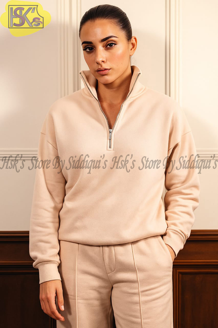 Women’s Off-White Half-Zip Sweatshirt – Warm Fleece Pullover Casual Winter Top