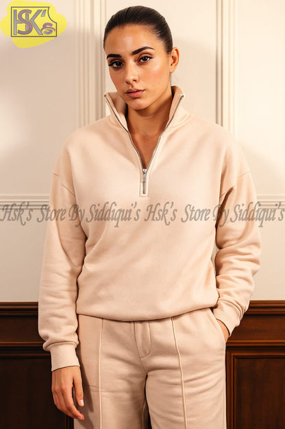 Women’s Off-White Half-Zip Sweatshirt – Warm Fleece Pullover Casual Winter Top